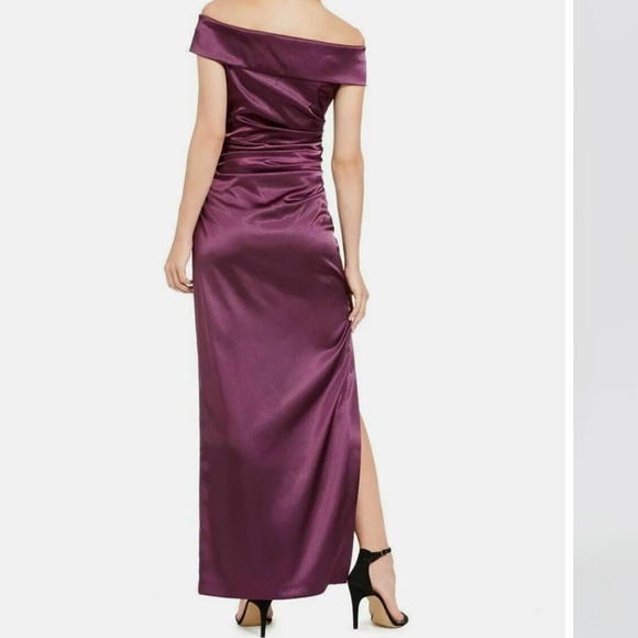 Vince Camuto Off Shoulder Ruched Waist Satin Gown Plum - Picture 2 of 10